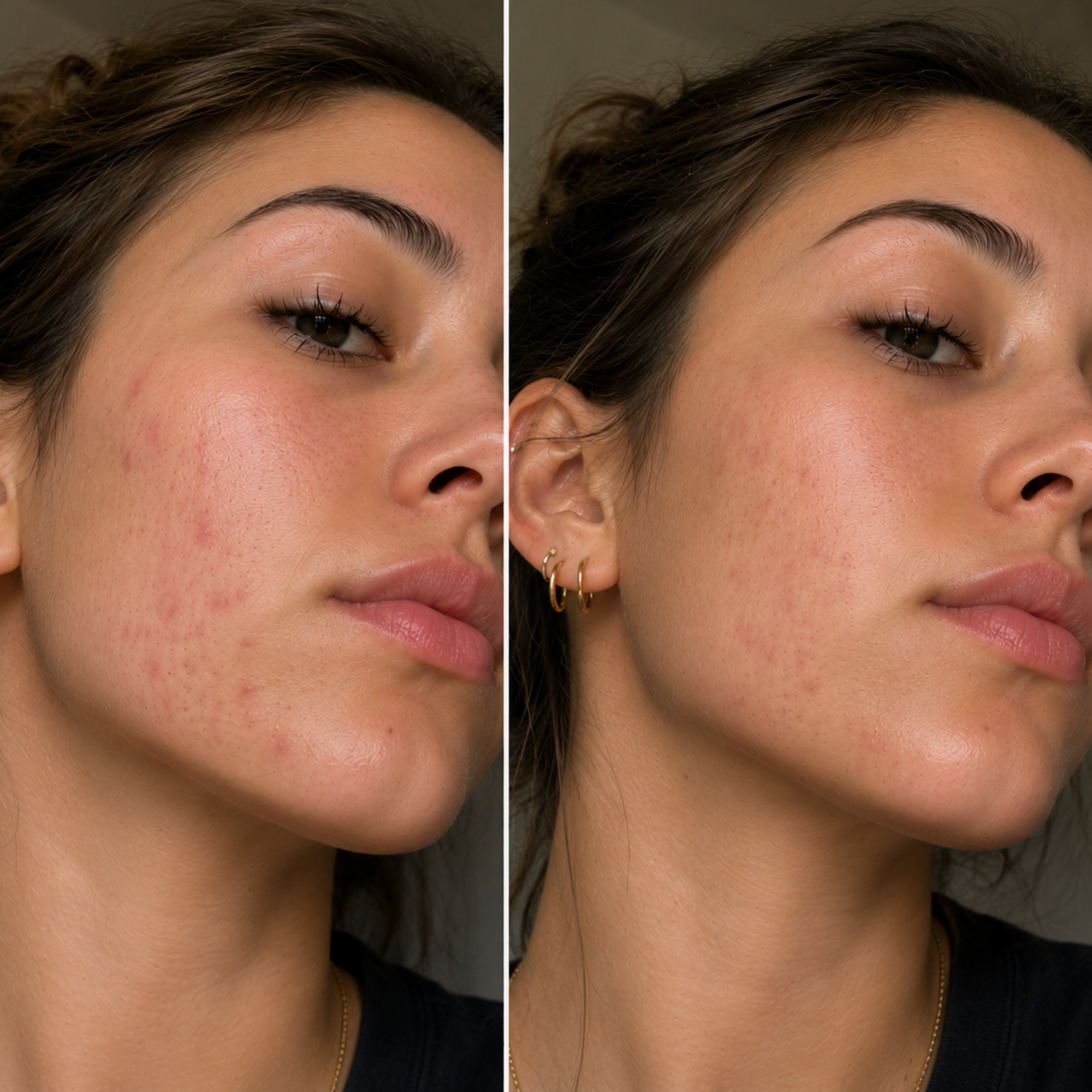 Emily before and after old acne marks on cheeks