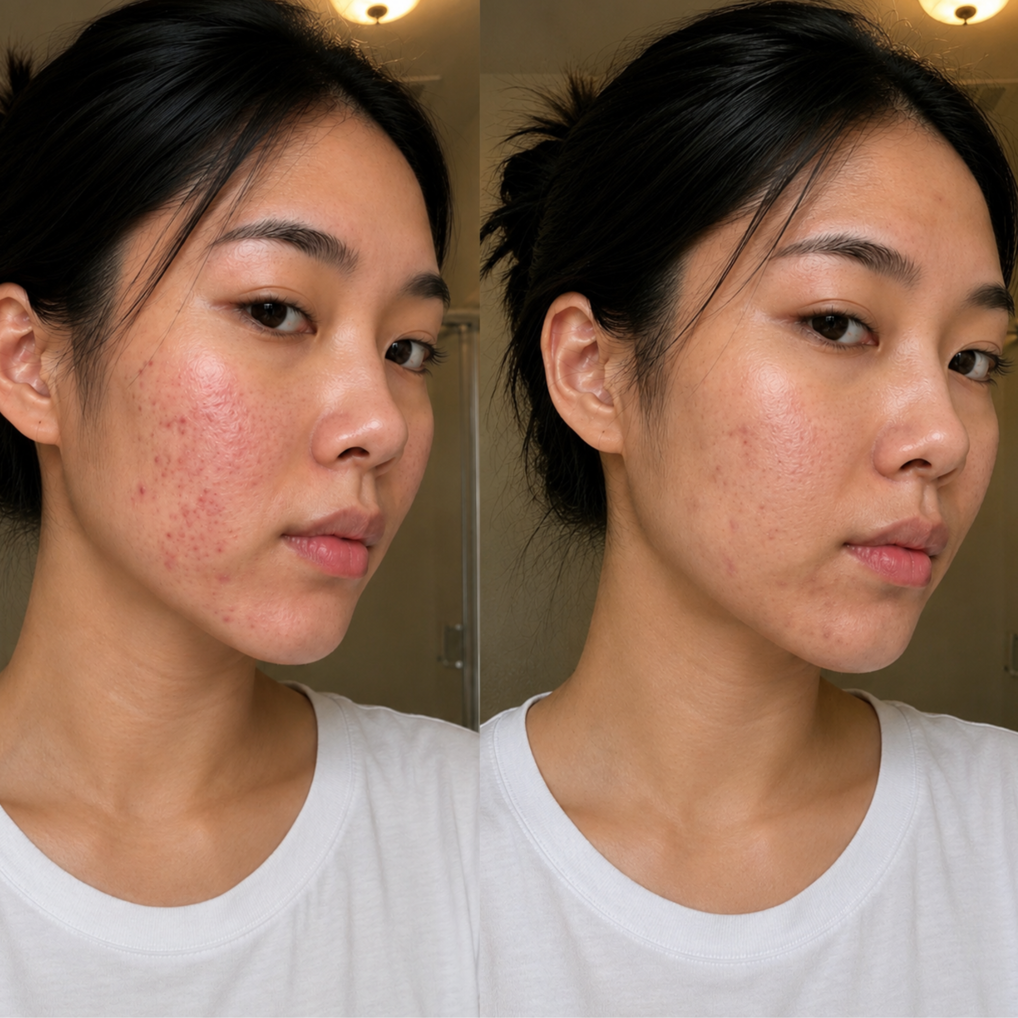 Sarah before and after red post-acne marks